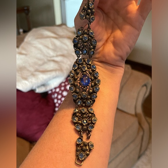 Vintage Art Nouveau Czech (Austrian?) Cobalt Blue Glass Stone Filigree Bracelet - Picture 3 of 10